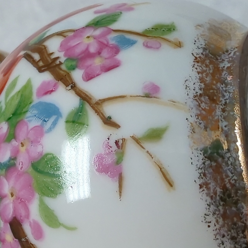 Vintage Noleans Japan Hand Painted Cardinal Birds Cherry Blossom Ceramic Pitcher - Picture 8 of 9